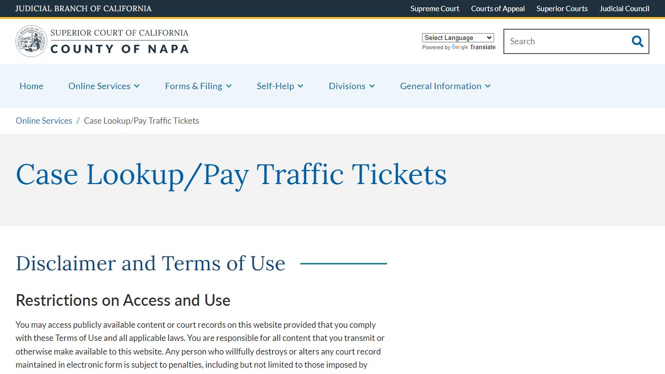 Case Lookup/Pay Traffic Tickets - Napa County Superior Court